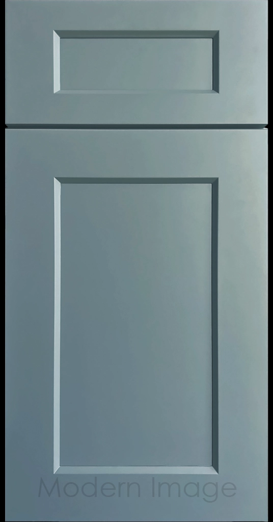 Laguna Sage painted Shaker kitchen cabinet door with wide stiles & rails, inside profile and a flat center panel.